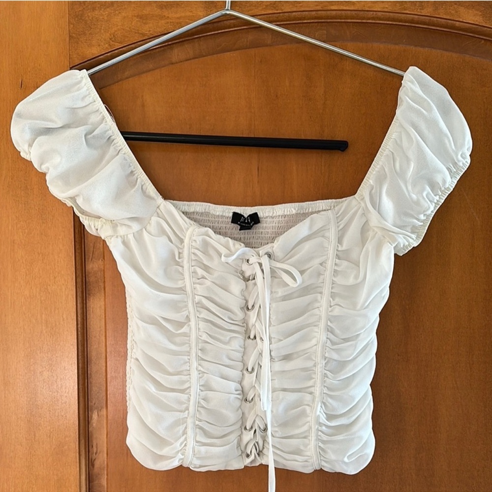 Privy White Ruched Lace Up Milkmaid Crop Top Smocked Back Off Shoulder Women S